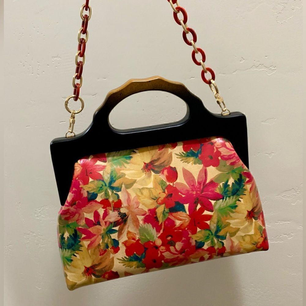 Handmade Genuine Leather Floral Print Large wooden Frame Bag & 2 Strap Styles - Picture 2 of 15